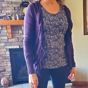 Anne Taylor Loft maroon-purple ruffle-trim cardigan
